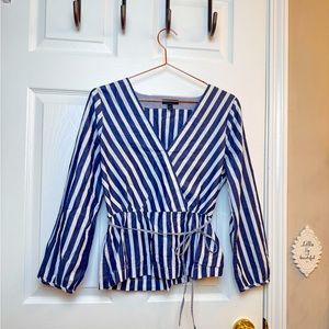 J Crew Blue And White Striped Peplum Tie Waist Blouse
